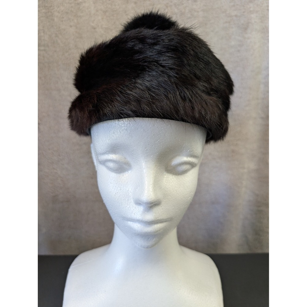 Vintage 50s 60s Brown Mink Fur Black Vinyl Pillbox Hat Pom Pom Elastic Back MCM